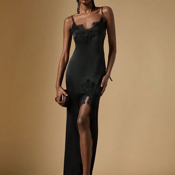 Black Preppy Women's Cold Shoulder Spaghetti Strap High Slit Lace Dress - Picture 7 of 7